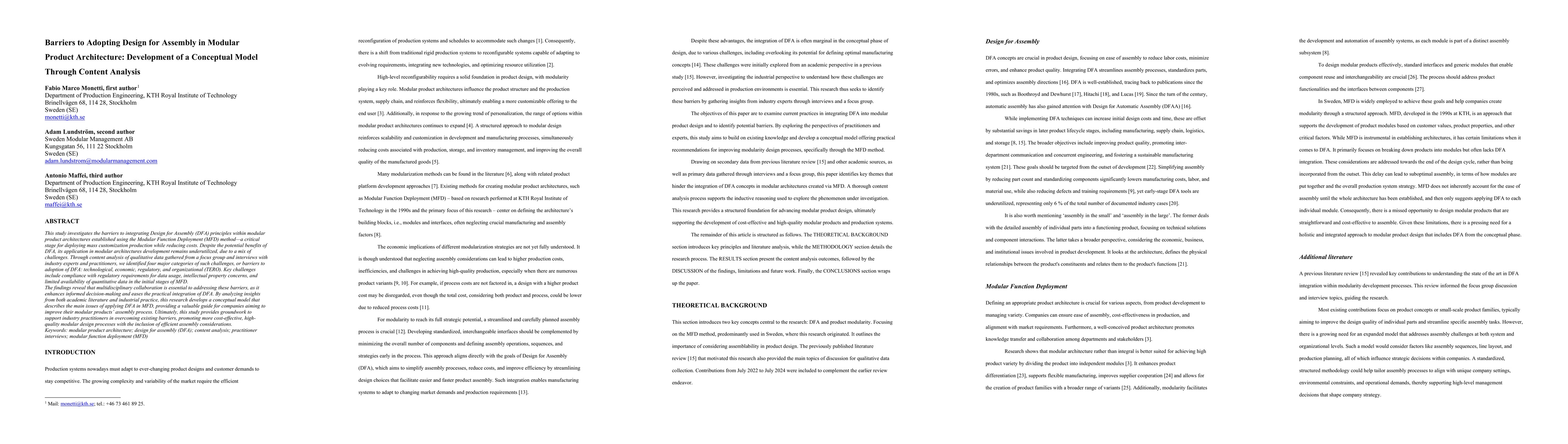 Thumbnail for Barriers to Adopting Design for Assembly in Modular Product
  Architecture: Development of a Conceptual Model Through Content Analysis