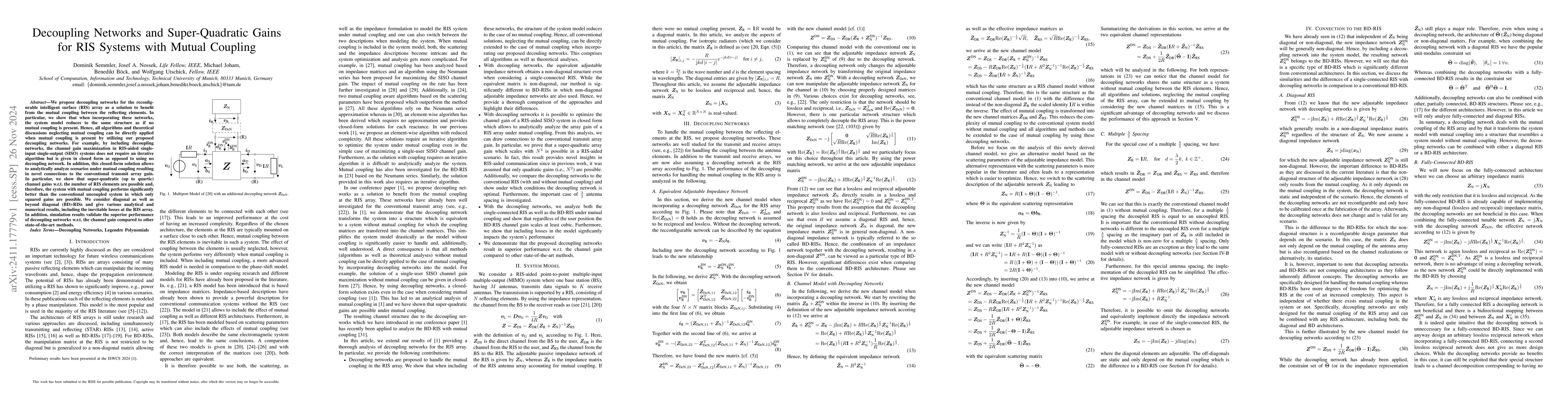 Thumbnail for Decoupling Networks and Super-Quadratic Gains for RIS Systems with
  Mutual Coupling