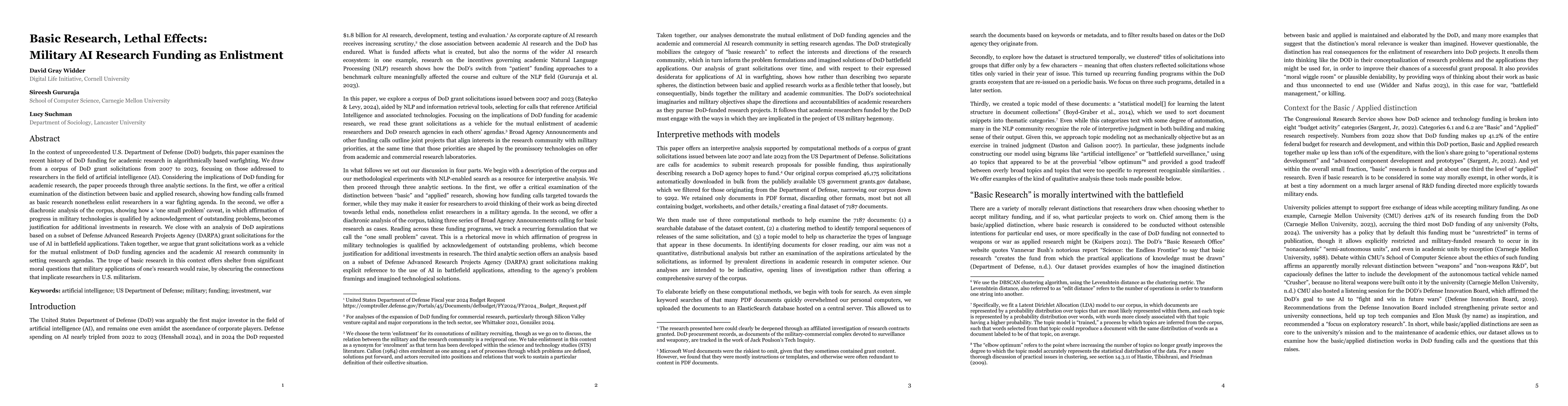 Thumbnail for Basic Research, Lethal Effects: Military AI Research Funding as
  Enlistment