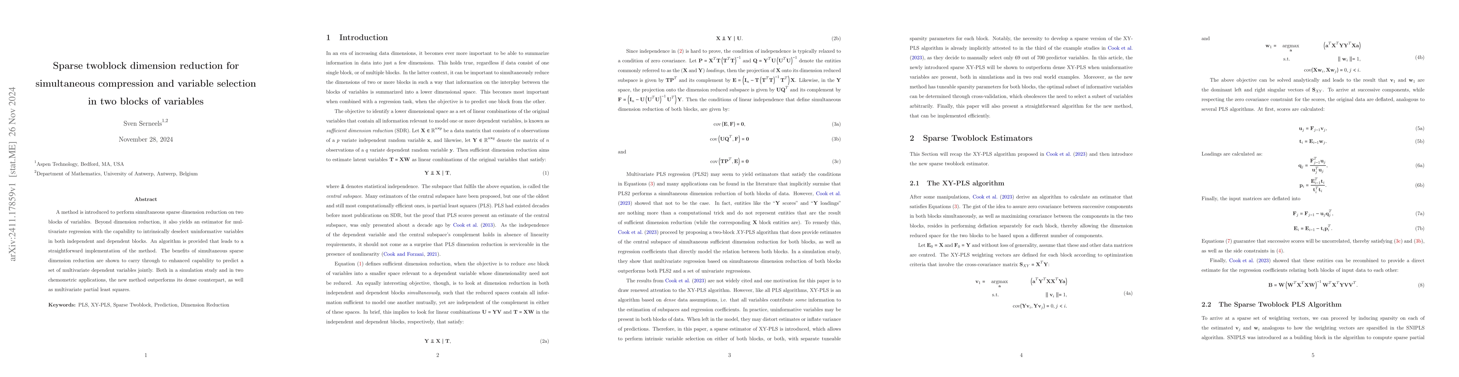 Thumbnail for Sparse twoblock dimension reduction for simultaneous compression and
  variable selection in two blocks of variables