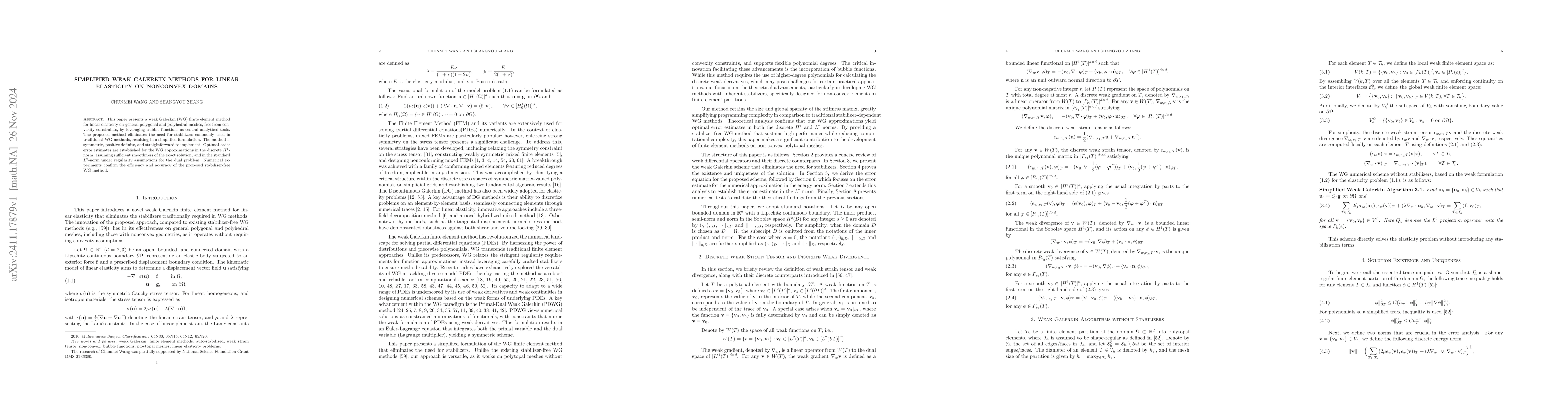 Thumbnail for Simplified Weak Galerkin Methods for Linear Elasticity on Nonconvex
  Domains