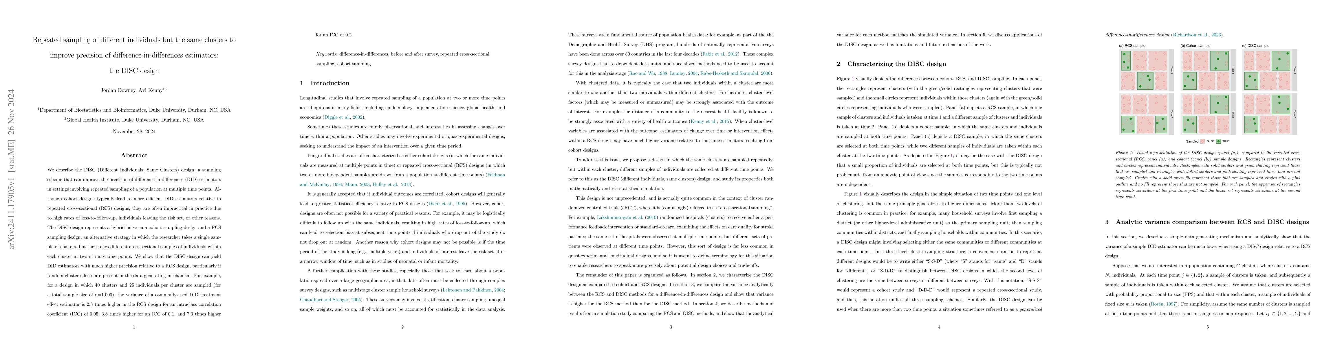 Thumbnail for Repeated sampling of different individuals but the same clusters to
  improve precision of difference-in-differences estimators: the DISC design