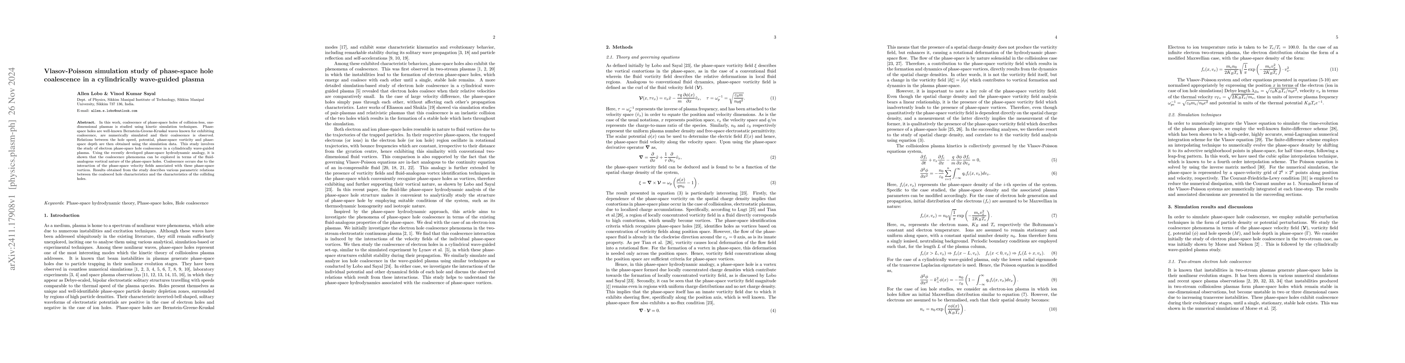 Thumbnail for Vlasov-Poisson simulation study of phase-space hole coalescence in a
  cylindrically wave-guided plasma