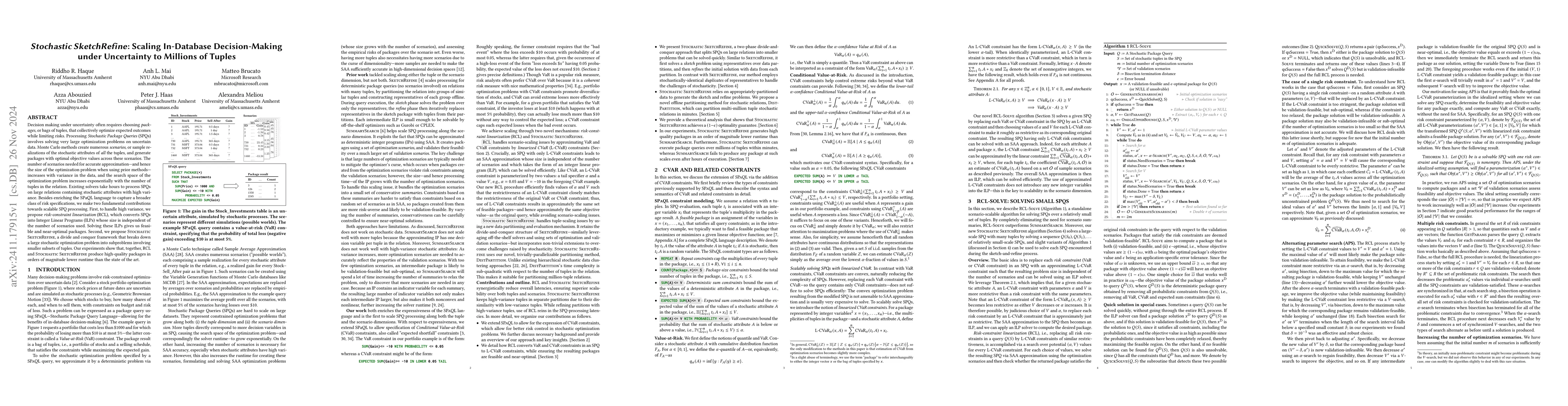Thumbnail for Stochastic SketchRefine: Scaling In-Database Decision-Making under
  Uncertainty to Millions of Tuples