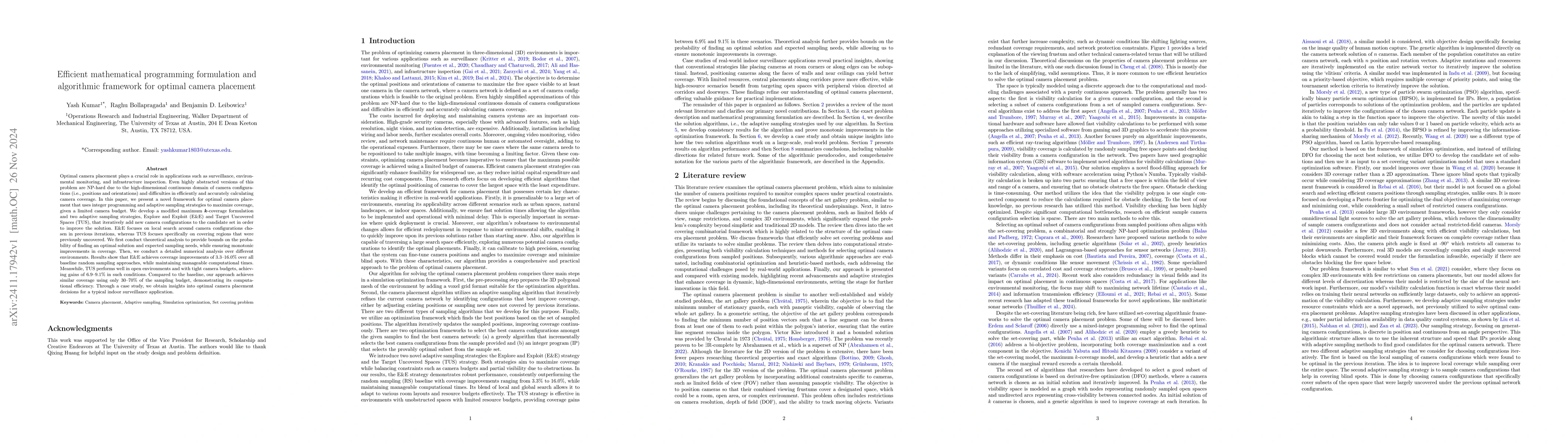 Thumbnail for Efficient Mathematical Programming Formulation and Algorithmic Framework
  for Optimal Camera Placement