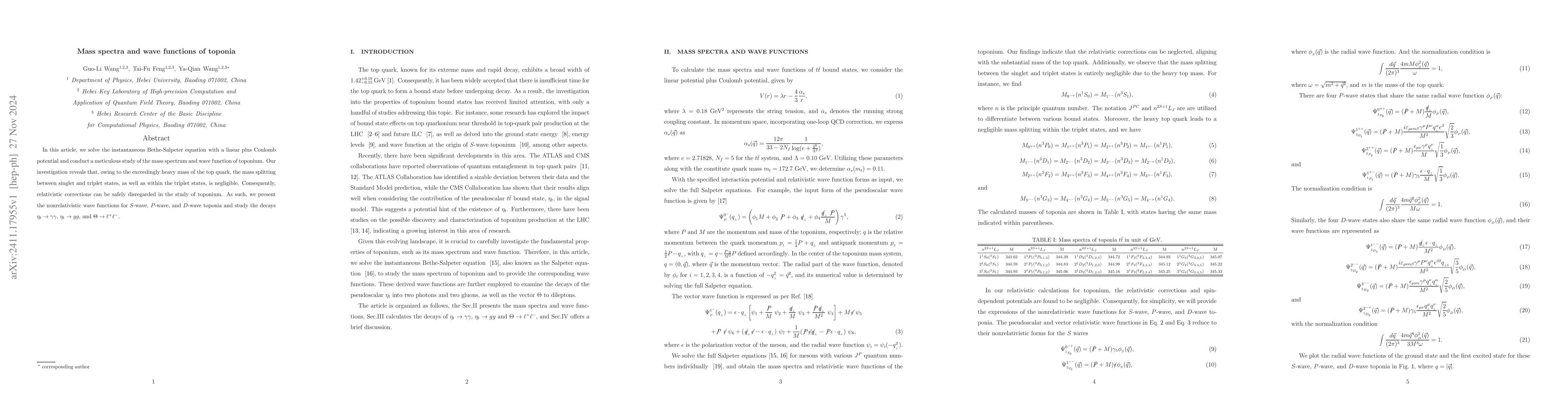 Thumbnail for Mass spectra and wave functions of toponia