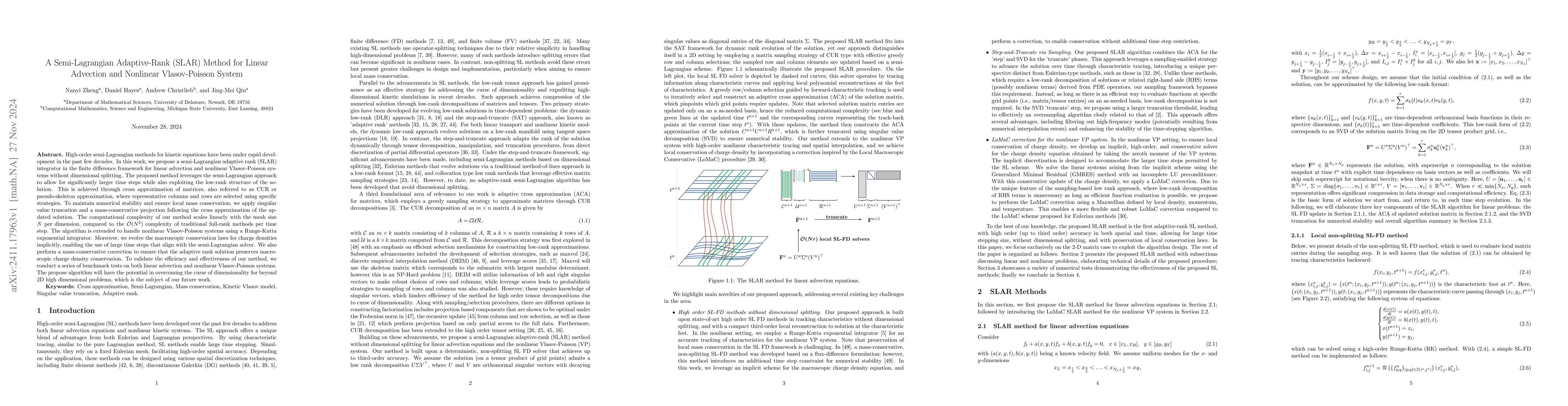 Thumbnail for A Semi-Lagrangian Adaptive-Rank (SLAR) Method for Linear Advection and
  Nonlinear Vlasov-Poisson System