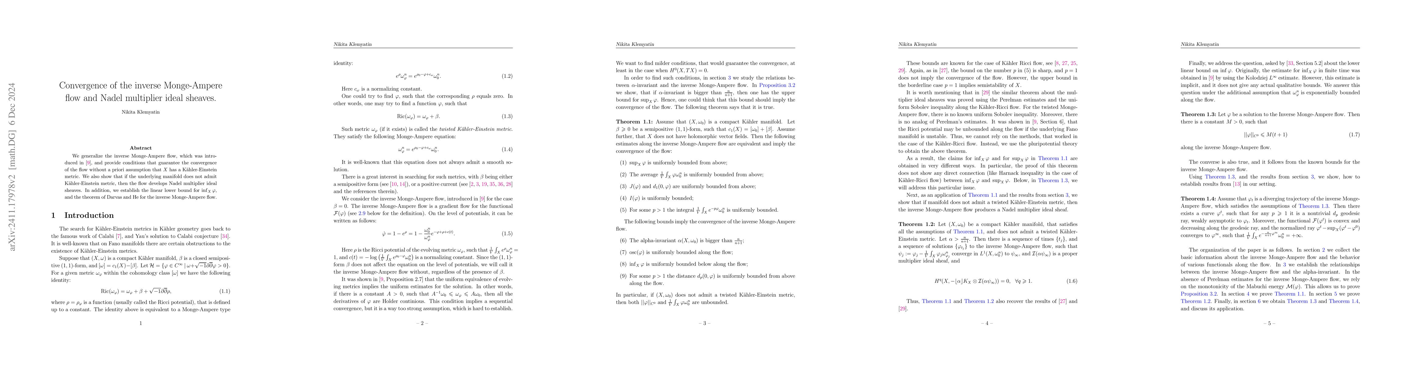 Thumbnail for Convergence of the inverse Monge-Ampere flow and Nadel multiplier ideal
  sheaves