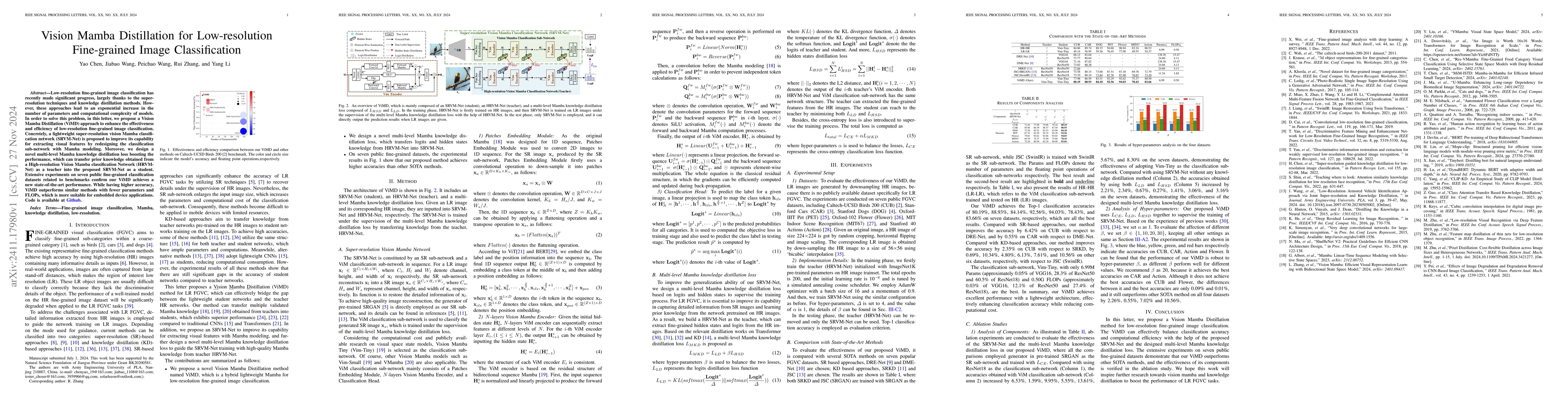 Thumbnail for Vision Mamba Distillation for Low-resolution Fine-grained Image
  Classification