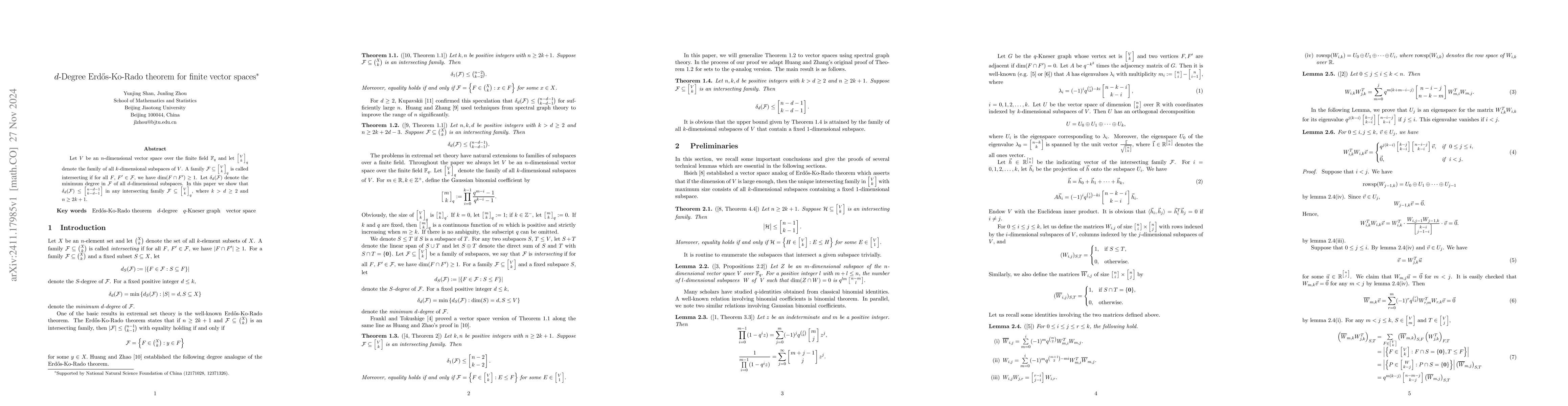 Thumbnail for $d$-Degree Erdős-Ko-Rado theorem for finite vector spaces