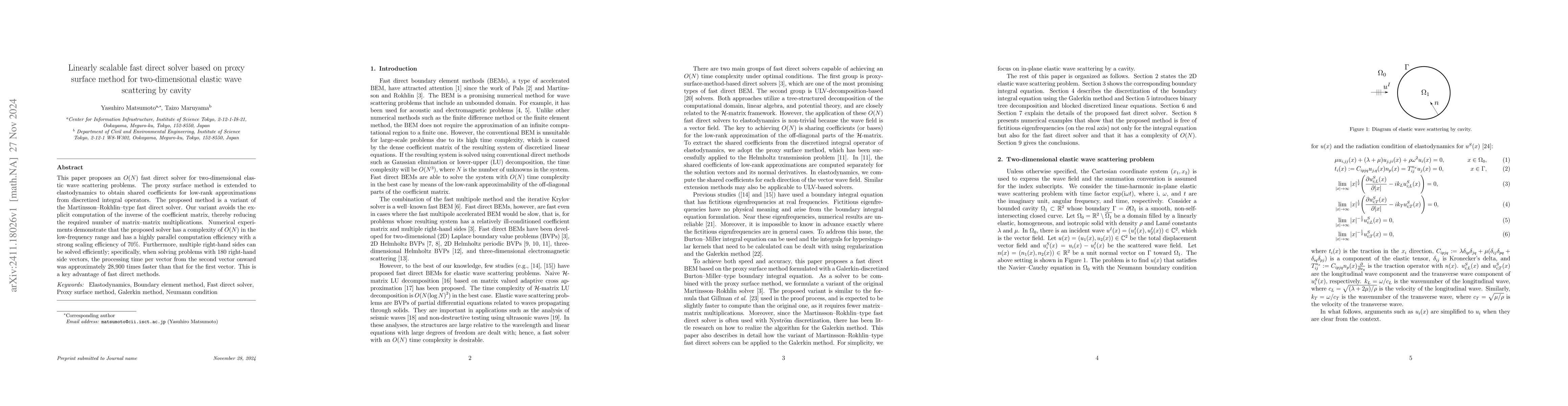 Thumbnail for Linearly scalable fast direct solver based on proxy surface method for
  two-dimensional elastic wave scattering by cavity
