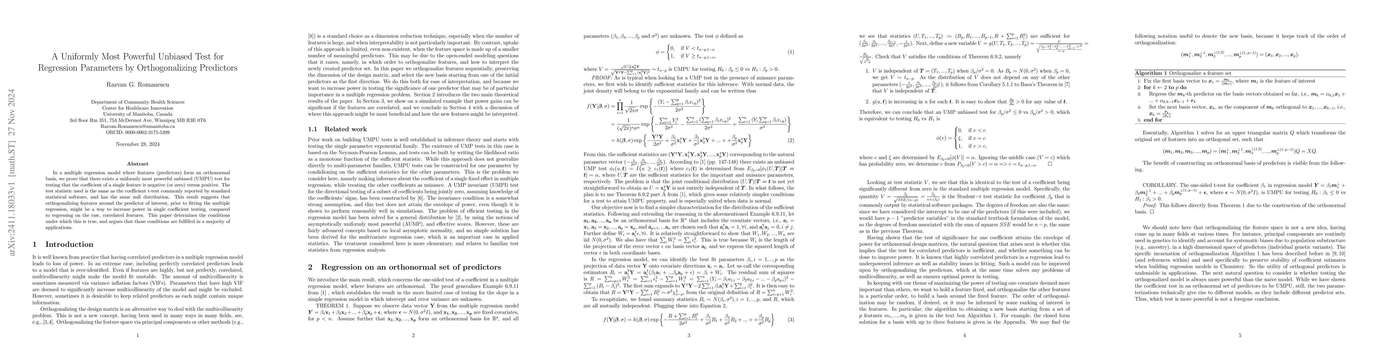 Thumbnail for A Uniformly Most Powerful Unbiased Test for Regression Parameters by
  Orthogonalizing Predictors
