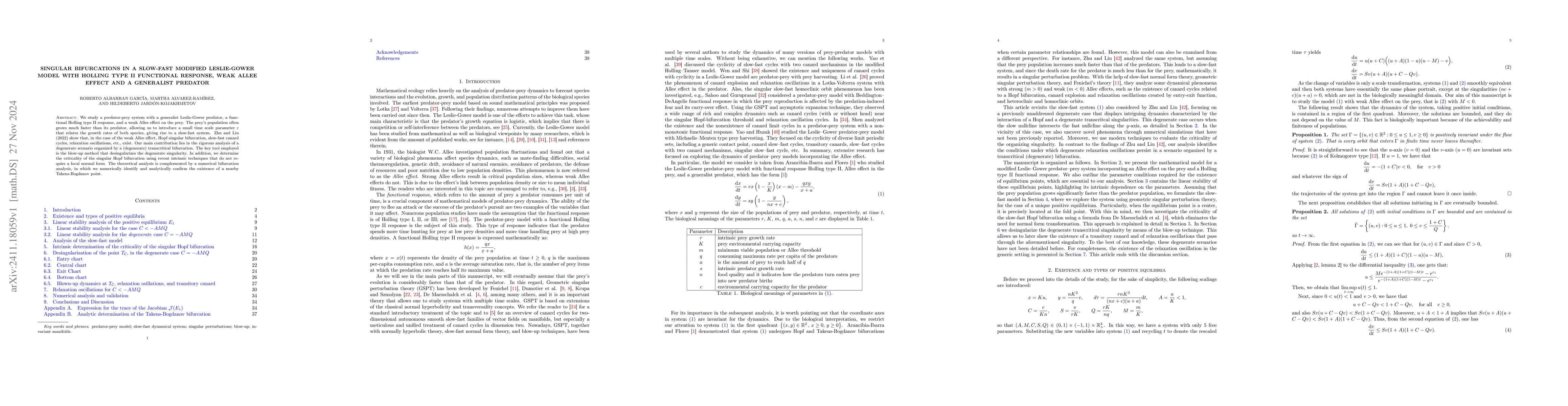 Thumbnail for Singular bifurcations in a slow-fast modified Leslie-Gower model with
  Holling type II functional response, weak Allee effect and a generalist
  predator