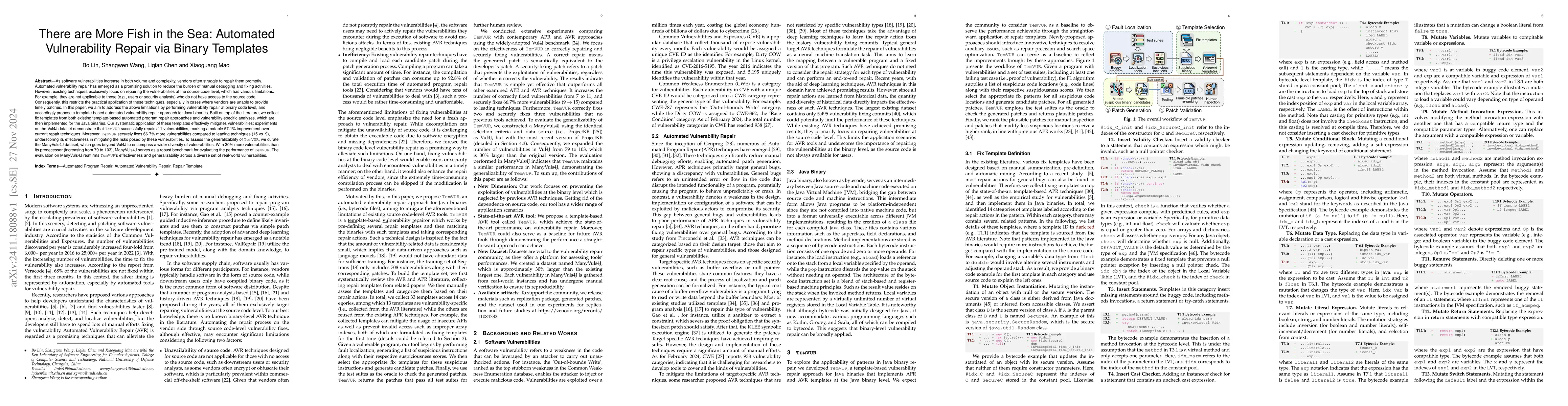 Thumbnail for There are More Fish in the Sea: Automated Vulnerability Repair via
  Binary Templates