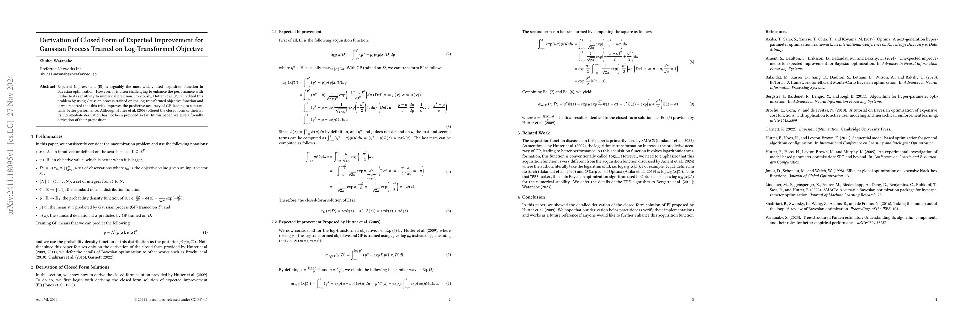 Thumbnail for Derivation of Closed Form of Expected Improvement for Gaussian Process
  Trained on Log-Transformed Objective