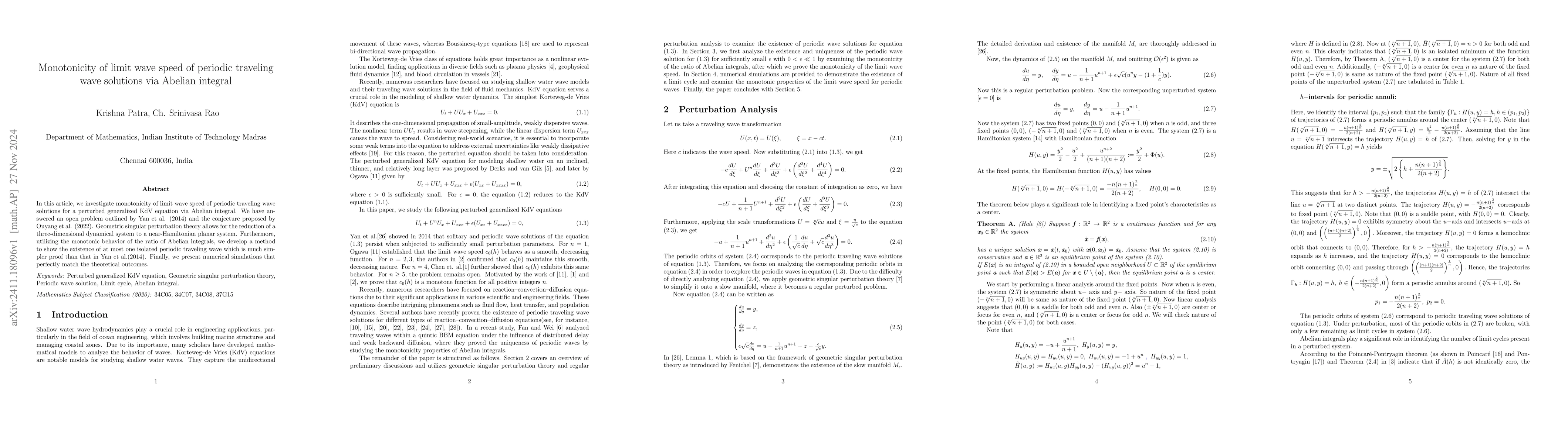 Thumbnail for Monotonicity of limit wave speed of periodic traveling wave solutions
  via Abelian integral