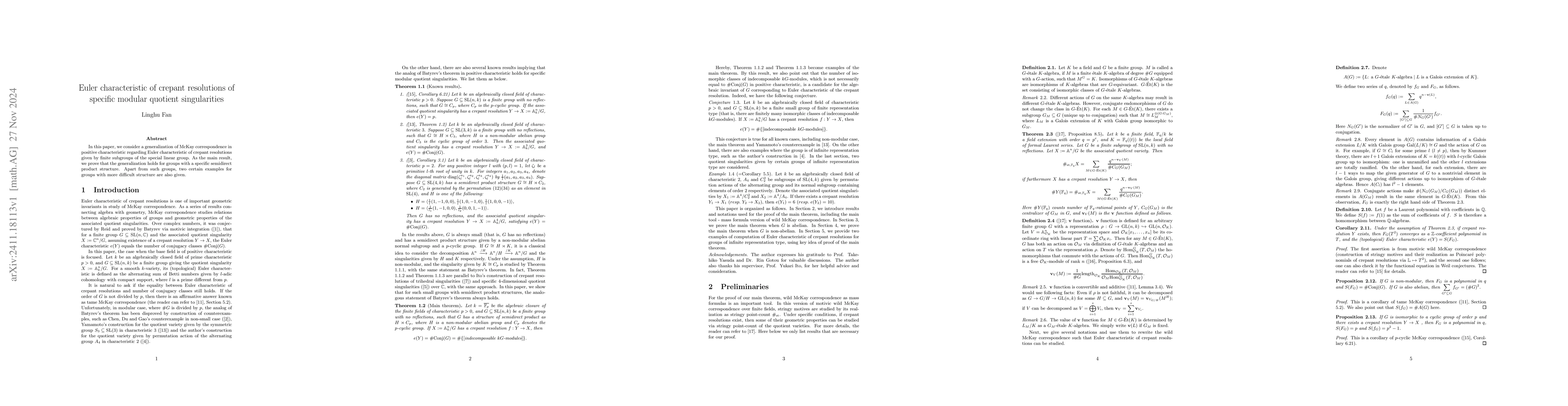 Thumbnail for Euler characteristic of crepant resolutions of specific modular quotient
  singularities