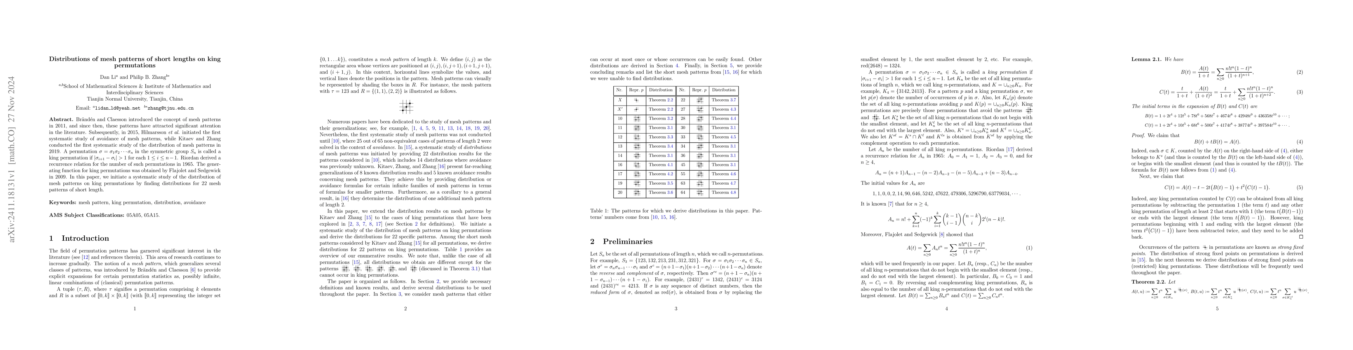 Thumbnail for Distributions of mesh patterns of short lengths on king permutations