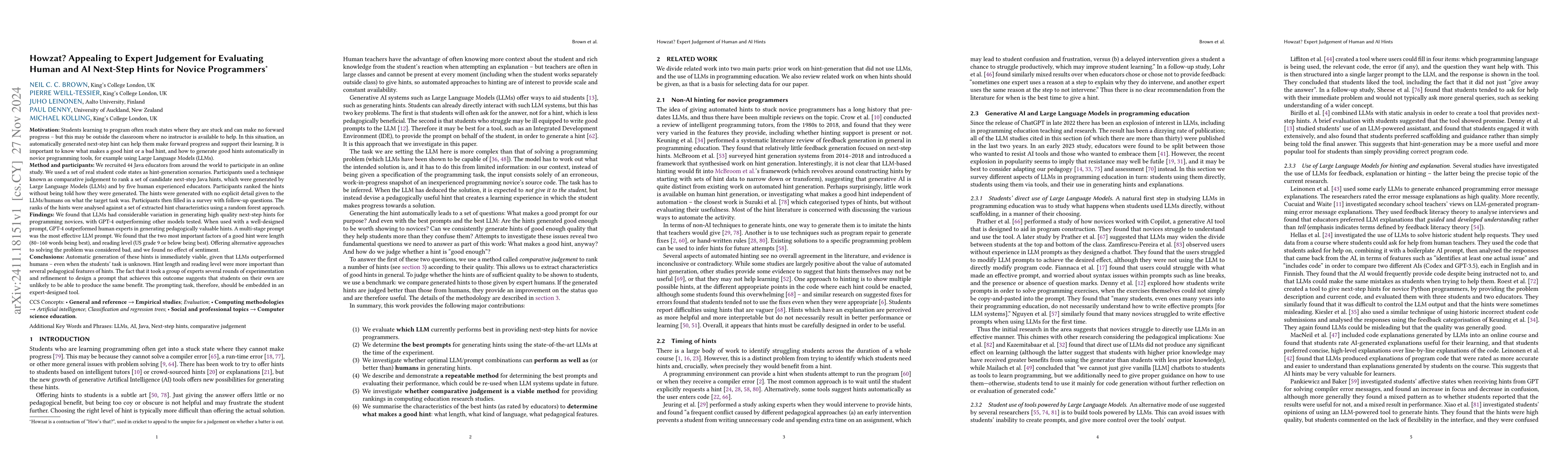 Thumbnail for Howzat? Appealing to Expert Judgement for Evaluating Human and AI
  Next-Step Hints for Novice Programmers