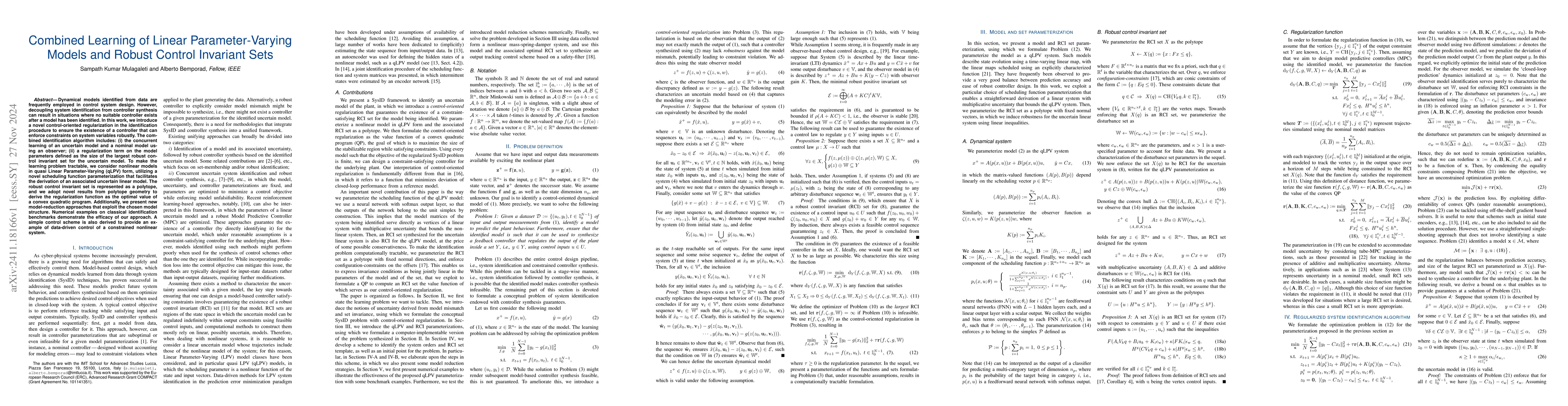 Thumbnail for Combined Learning of Linear Parameter-Varying Models and Robust Control
  Invariant Sets