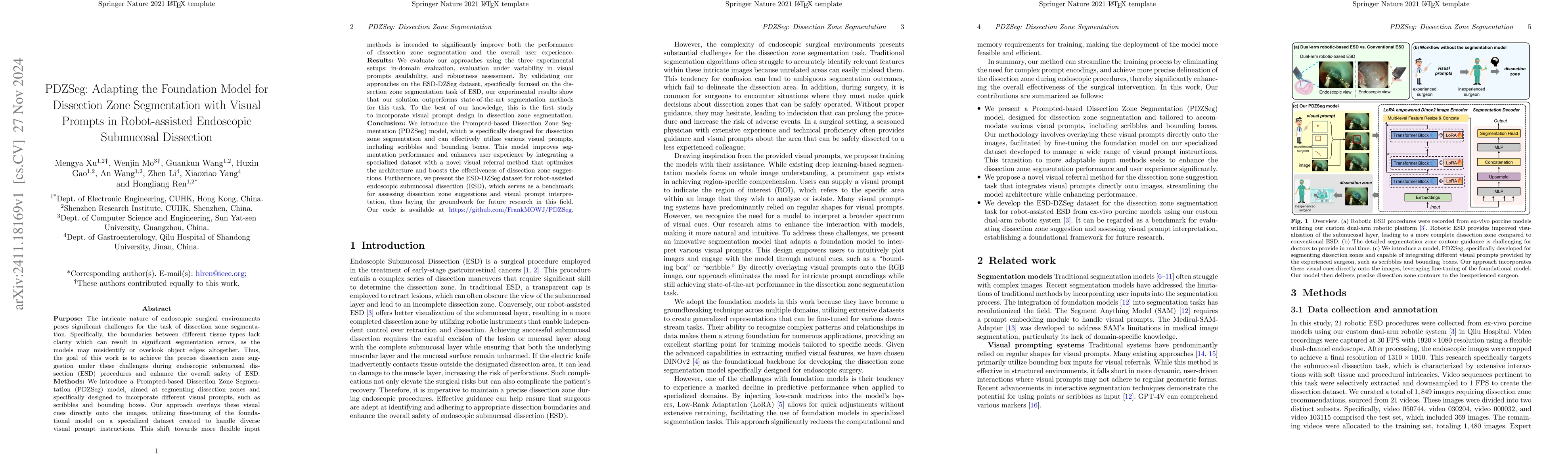 Thumbnail for PDZSeg: Adapting the Foundation Model for Dissection Zone Segmentation
  with Visual Prompts in Robot-assisted Endoscopic Submucosal Dissection