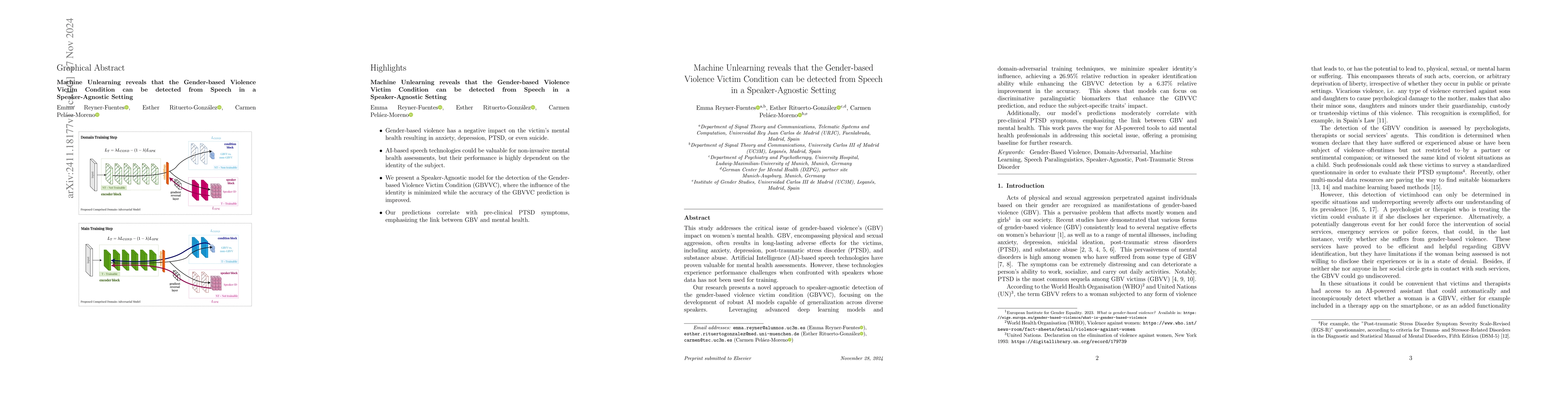 Thumbnail for Machine Unlearning reveals that the Gender-based Violence Victim
  Condition can be detected from Speech in a Speaker-Agnostic Setting