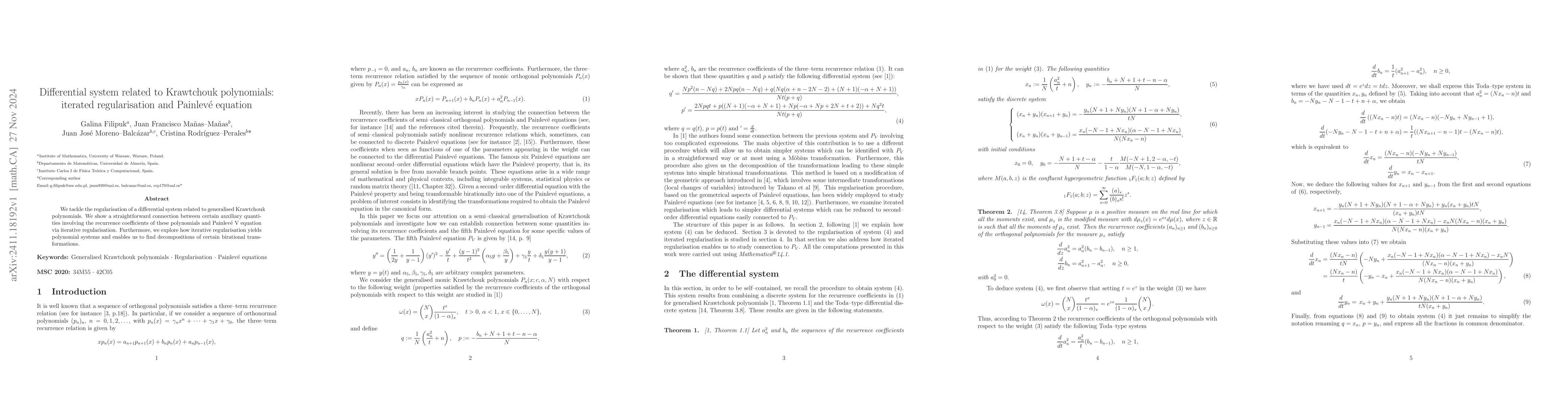 Thumbnail for Differential system related to Krawtchouk polynomials: iterated
  regularisation and Painlevé equation