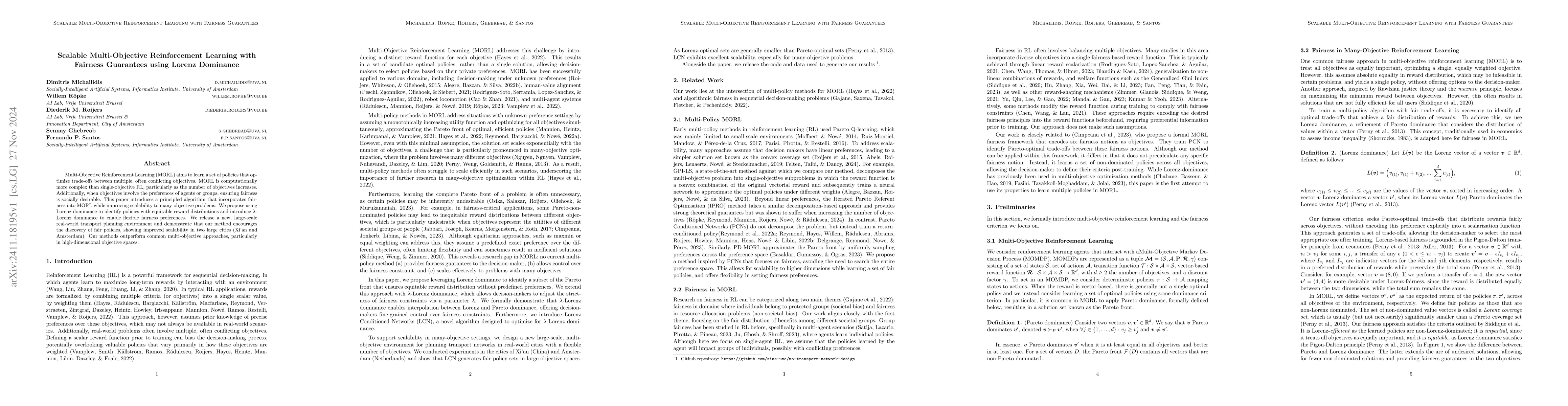 Thumbnail for Scalable Multi-Objective Reinforcement Learning with Fairness Guarantees
  using Lorenz Dominance