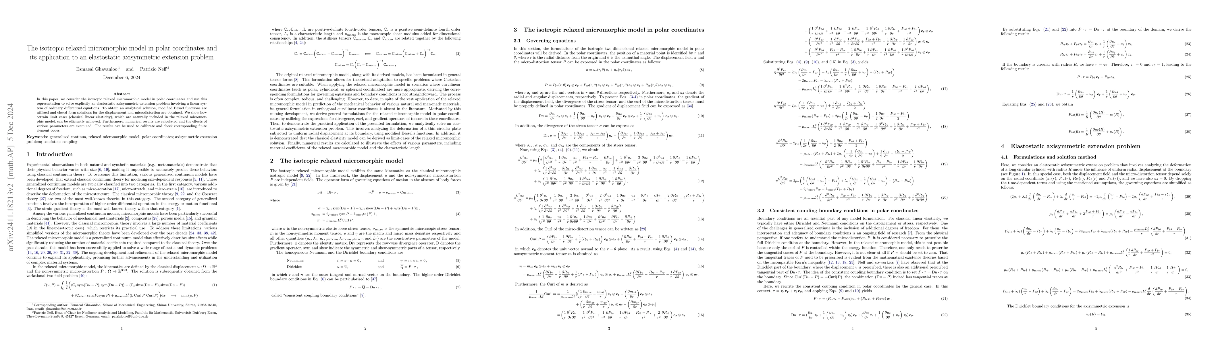 Thumbnail for The isotropic relaxed micromorphic model in polar coordinates and its
  application to an elastostatic axisymmetric extension problem