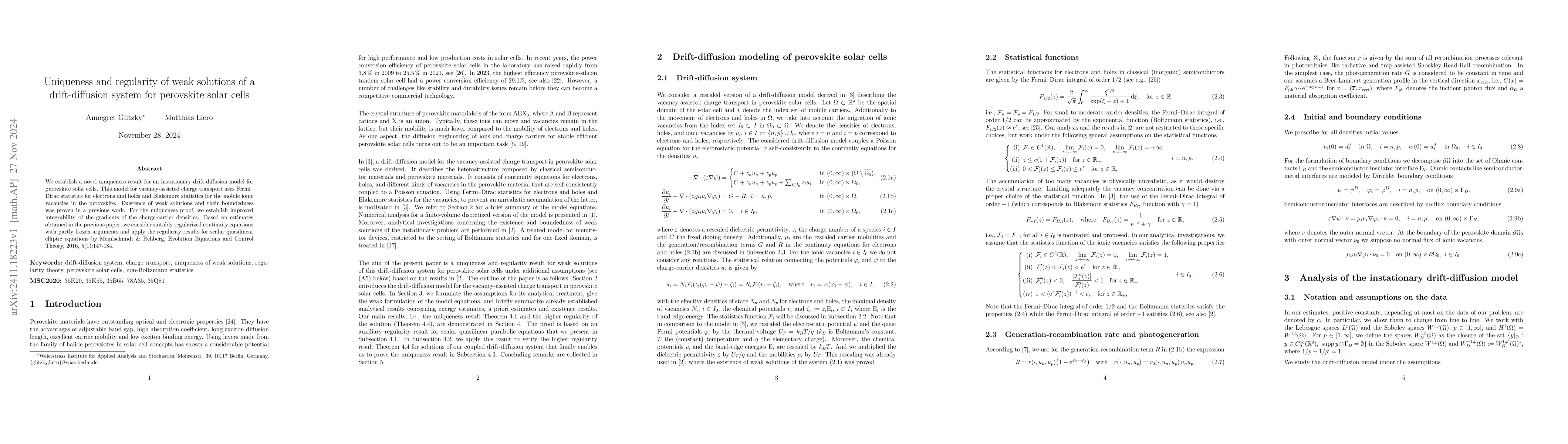 Thumbnail for Uniqueness and regularity of weak solutions of a drift-diffusion system
  for perovskite solar cells