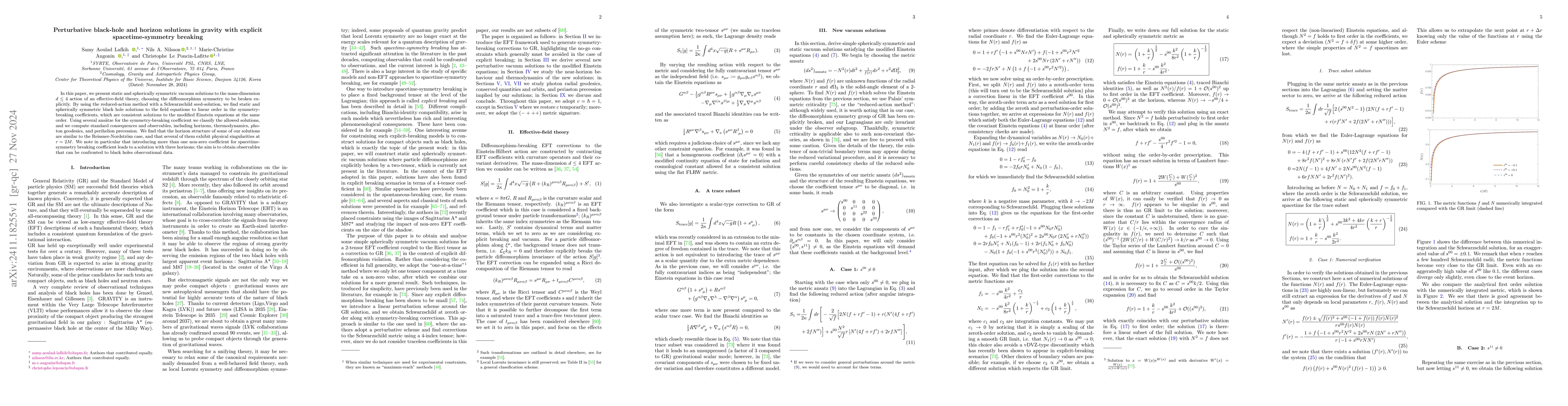Thumbnail for Perturbative black-hole and horizon solutions in gravity with explicit
  spacetime-symmetry breaking