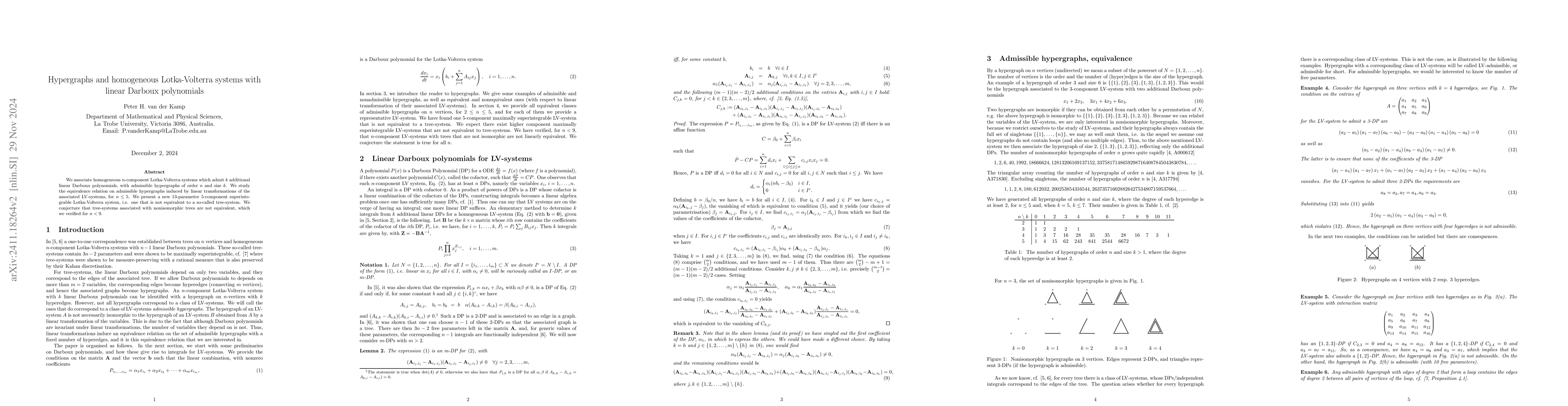 Thumbnail for Hypergraphs and homogeneous Lotka-Volterra systems with linear Darboux
  polynomials
