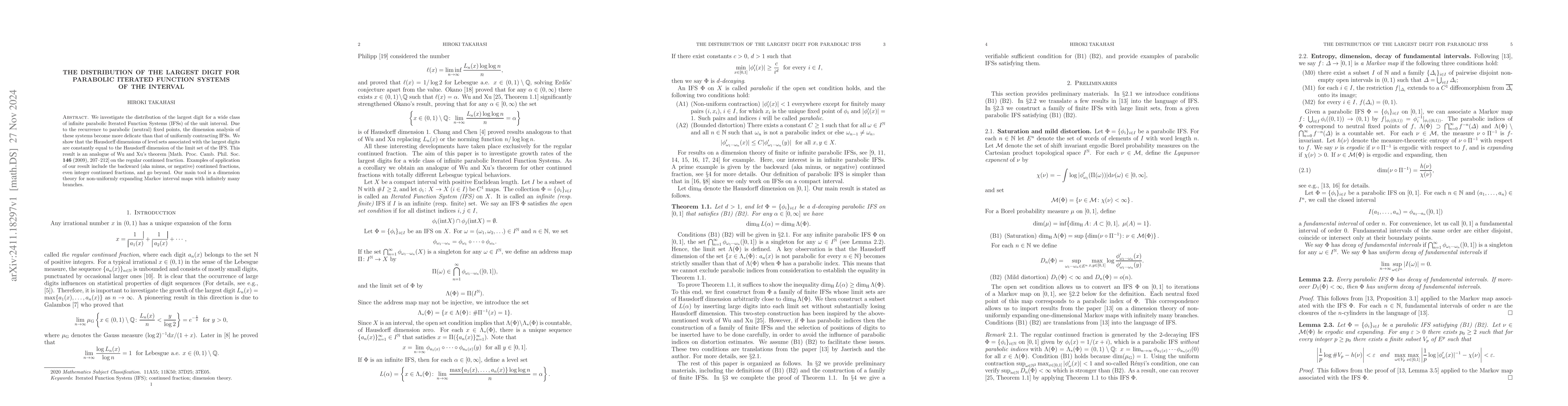 Thumbnail for The distribution of the largest digit for parabolic Iterated Function
  Systems of the interval
