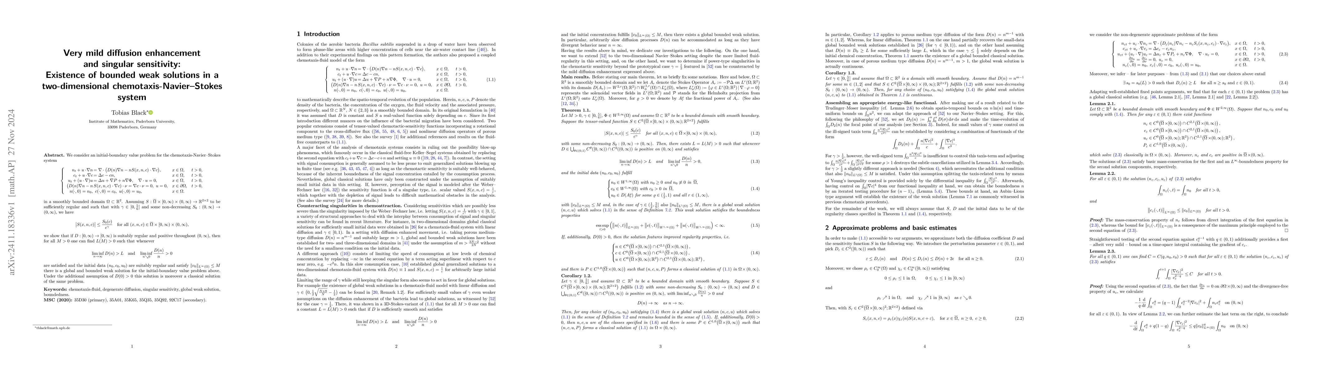 Thumbnail for Very mild diffusion enhancement and singular sensitivity: Existence of
  bounded weak solutions in a two-dimensional chemotaxis-Navier--Stokes system