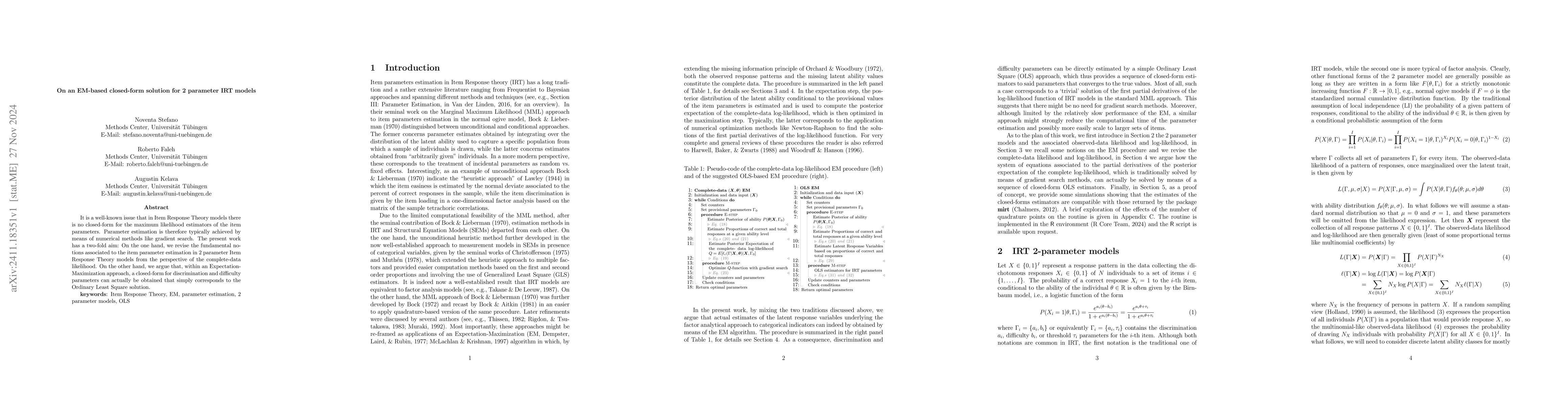 Thumbnail for On an EM-based closed-form solution for 2 parameter IRT models