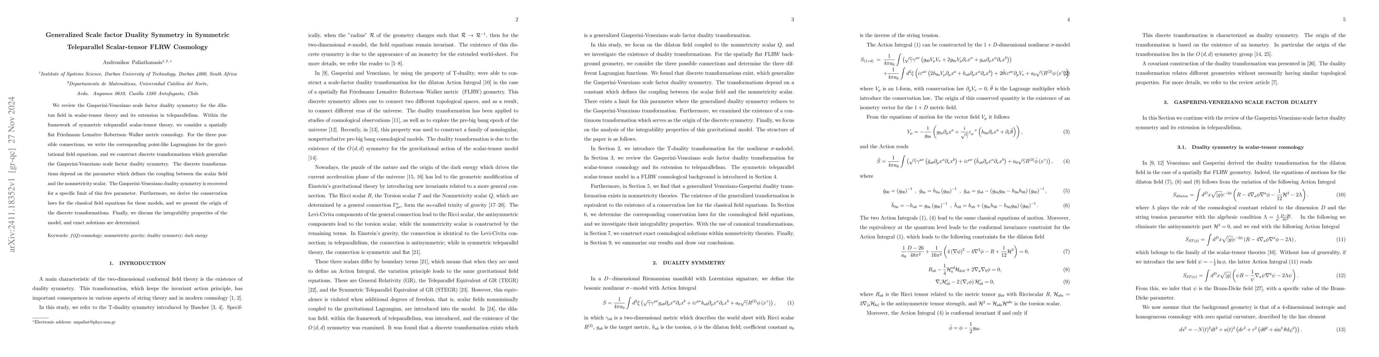 Thumbnail for Generalized Scale factor Duality Symmetry in Symmetric Teleparallel
  Scalar-tensor FLRW Cosmology