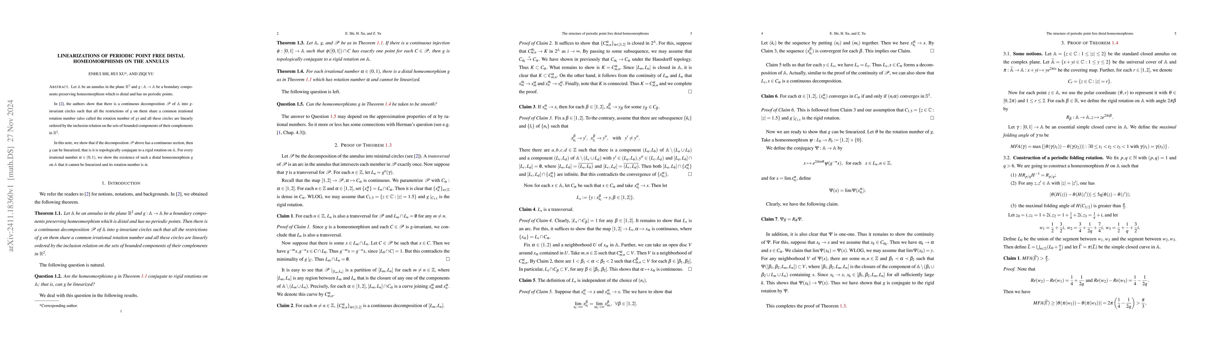 Thumbnail for Linearizations of periodic point free distal homeomorphisms on the
  annulus