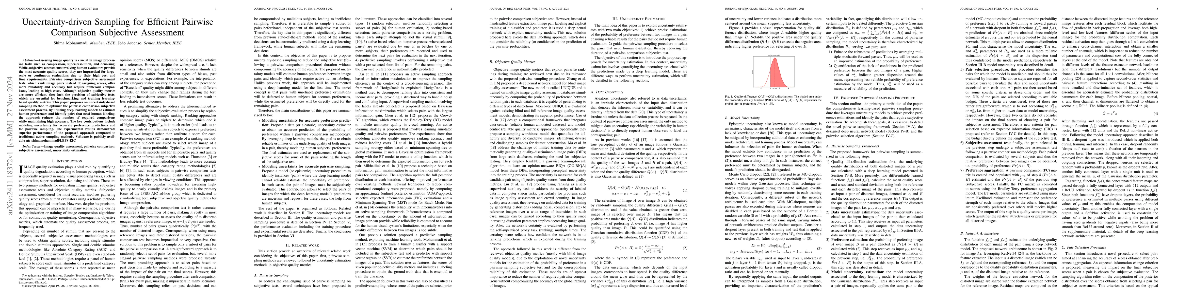 Thumbnail for Uncertainty-driven Sampling for Efficient Pairwise Comparison Subjective
  Assessment