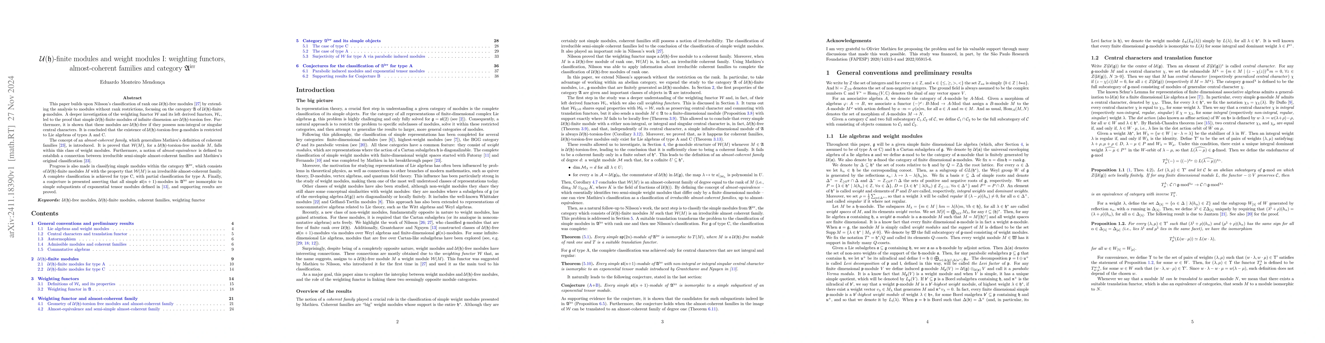 Thumbnail for $\mathcal{U}(\mathfrak{h})$-finite modules and weight modules I:
  weighting functors, almost-coherent families and category
  $\mathfrak{A}^{\text{irr}}$