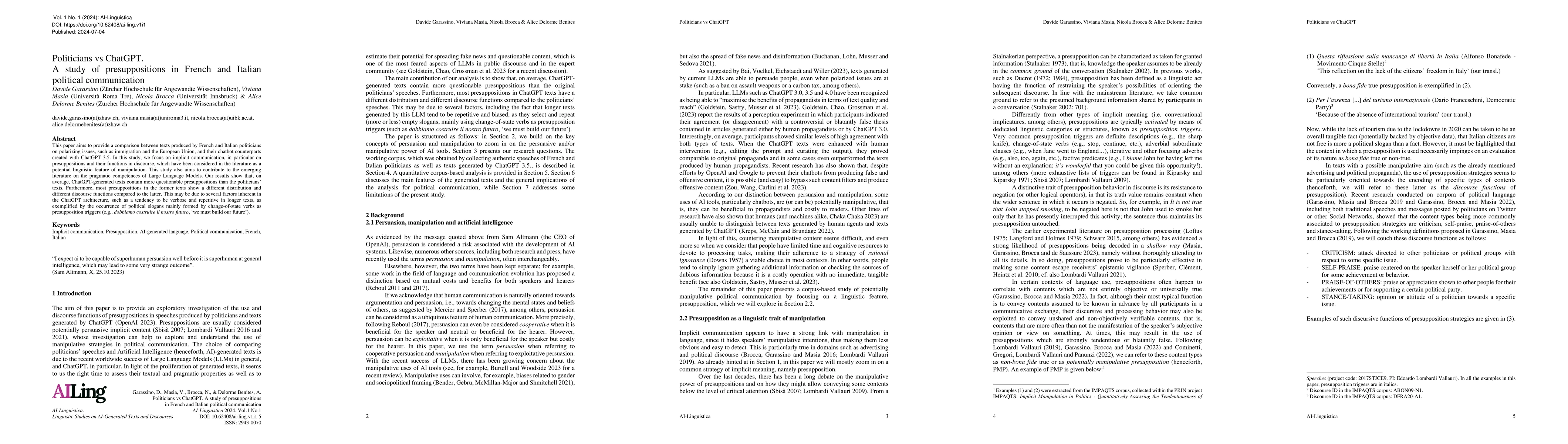 Thumbnail for Politicians vs ChatGPT. A study of presuppositions in French and Italian
  political communication