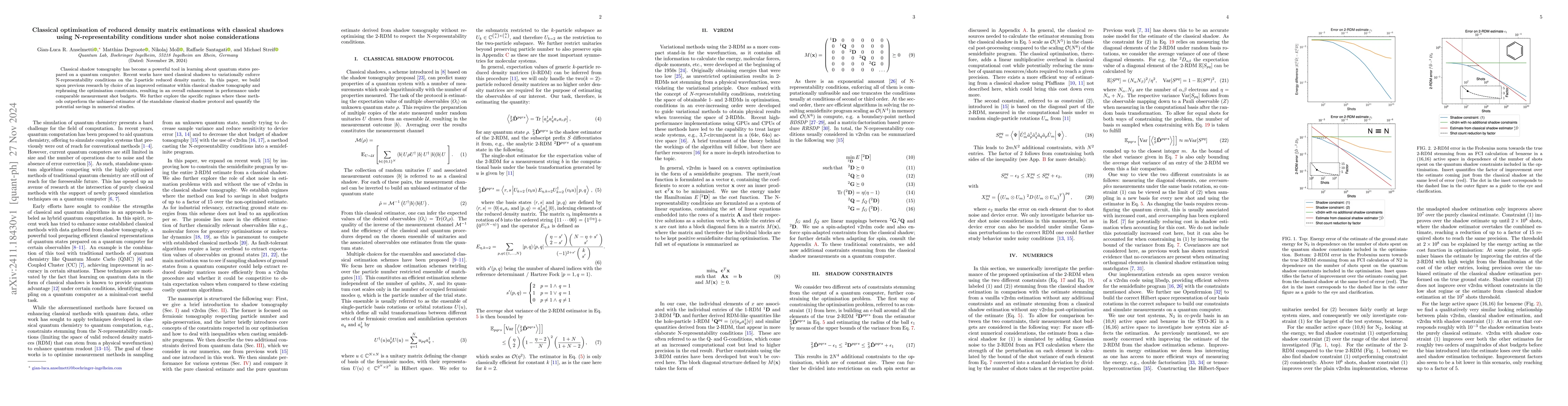 Thumbnail for Classical optimisation of reduced density matrix estimations with
  classical shadows using N-representability conditions under shot noise
  considerations