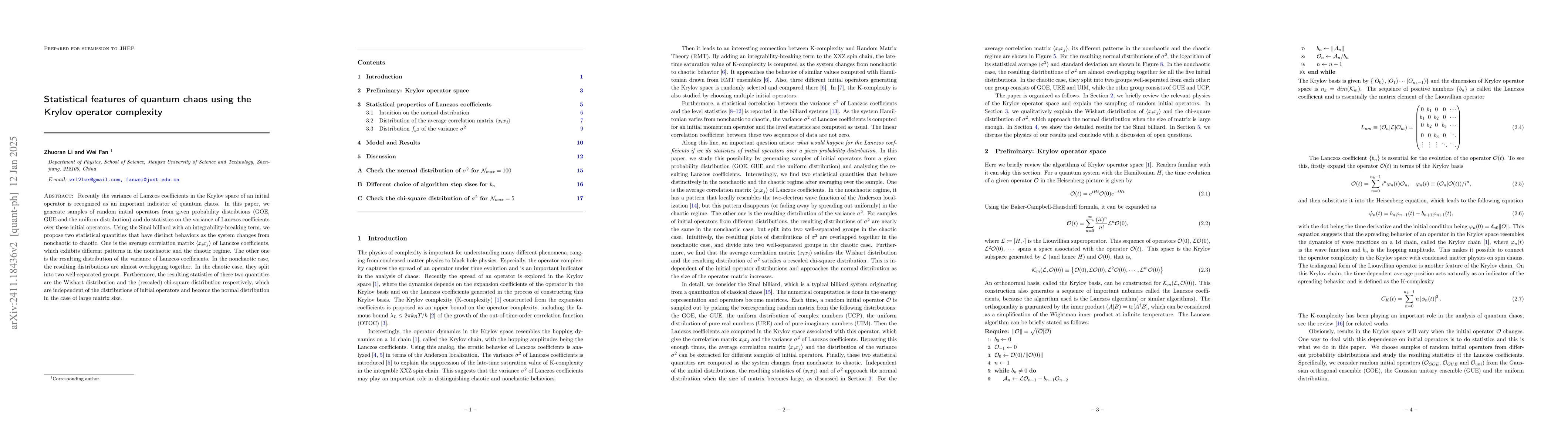 Thumbnail for Statistical features of quantum chaos using the Krylov operator
  complexity