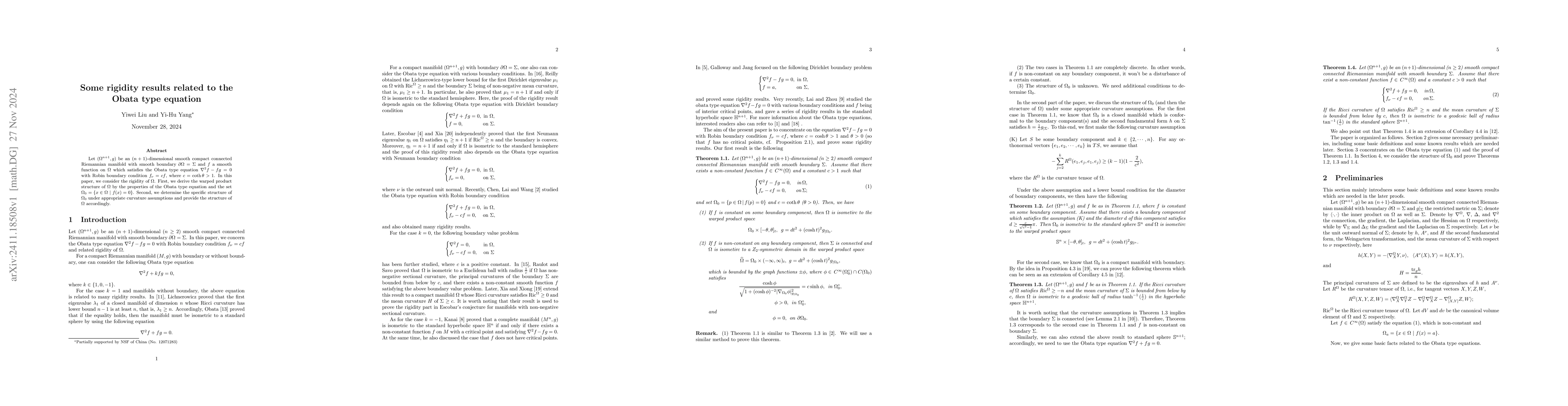 Thumbnail for Some rigidity results related to the Obata type equation