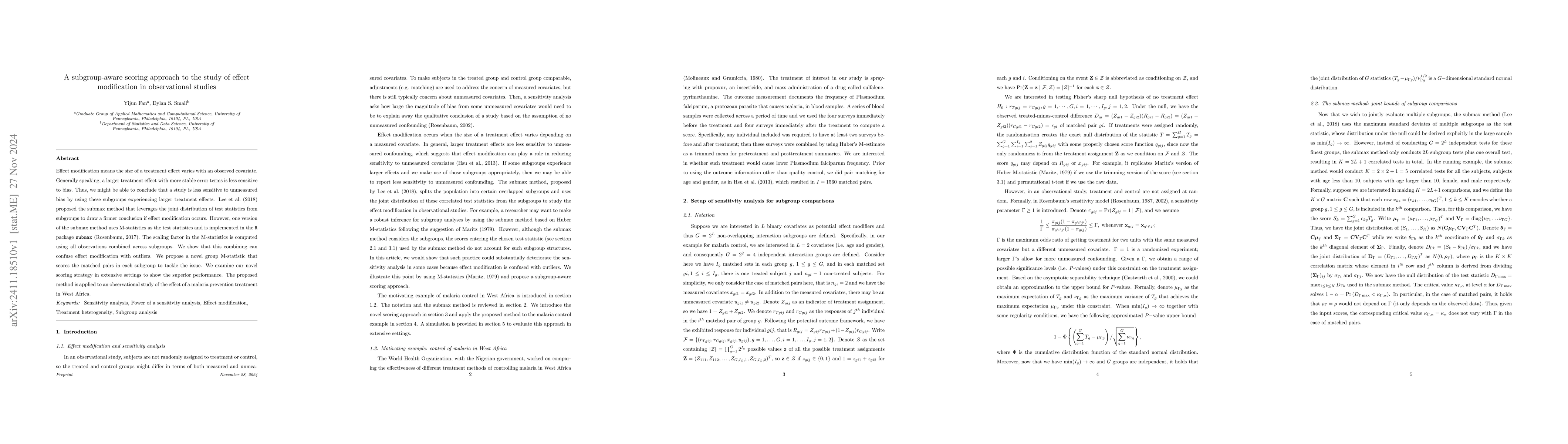 Thumbnail for A subgroup-aware scoring approach to the study of effect modification in
  observational studies