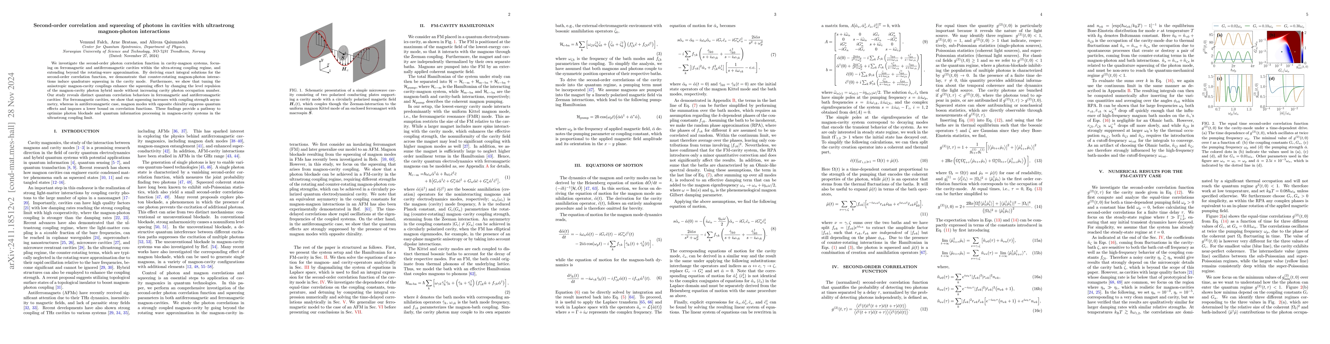Thumbnail for Second-order correlation and squeezing of photons in cavities with
  ultrastrong magnon-photon interactions