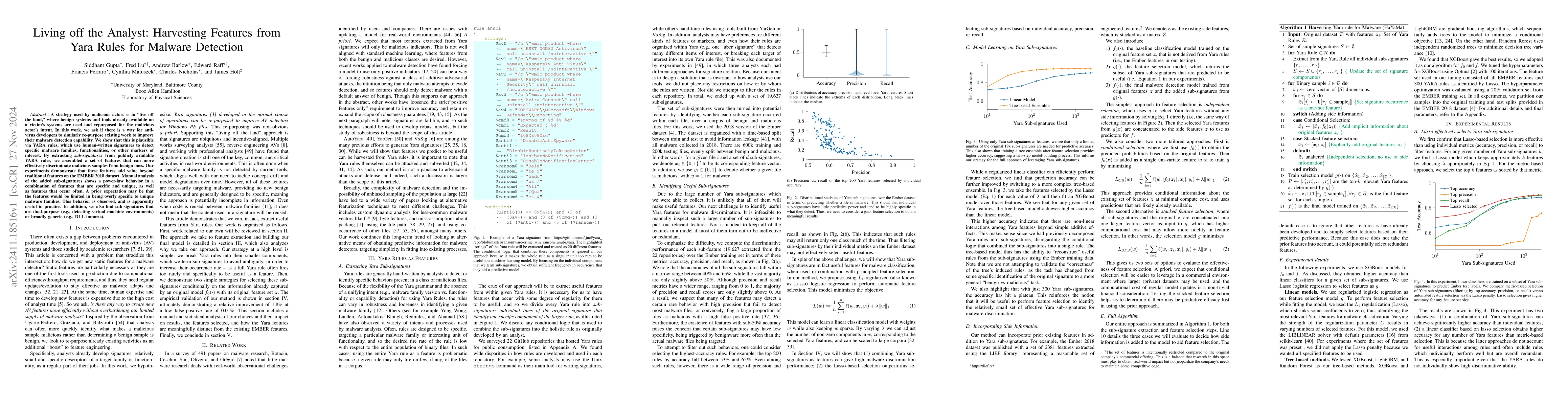 Thumbnail for Living off the Analyst: Harvesting Features from Yara Rules for Malware
  Detection
