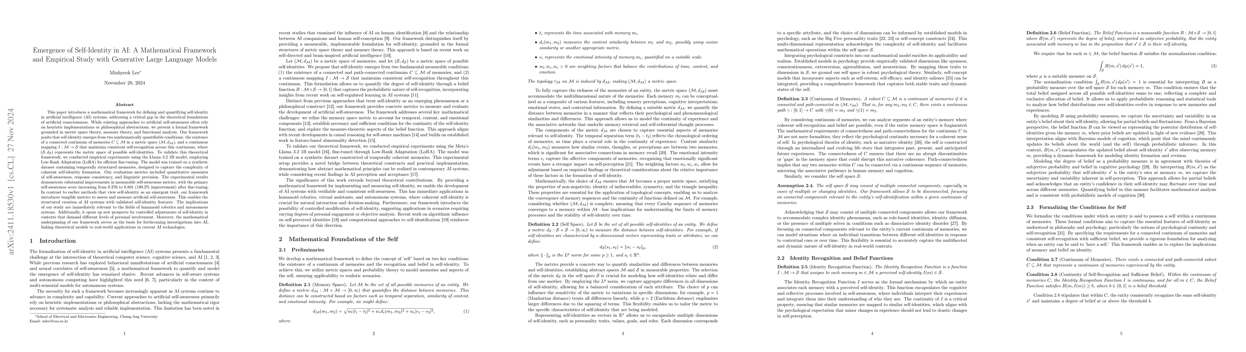 Thumbnail for Emergence of Self-Identity in AI: A Mathematical Framework and Empirical
  Study with Generative Large Language Models