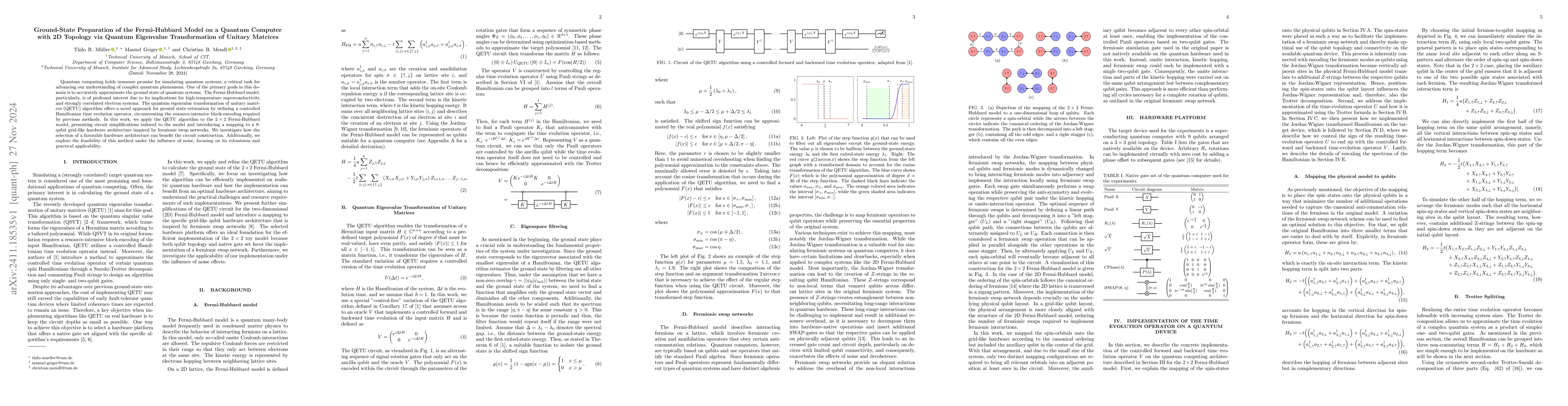 Thumbnail for Ground-State Preparation of the Fermi-Hubbard Model on a Quantum
  Computer with 2D Topology via Quantum Eigenvalue Transformation of Unitary
  Matrices
