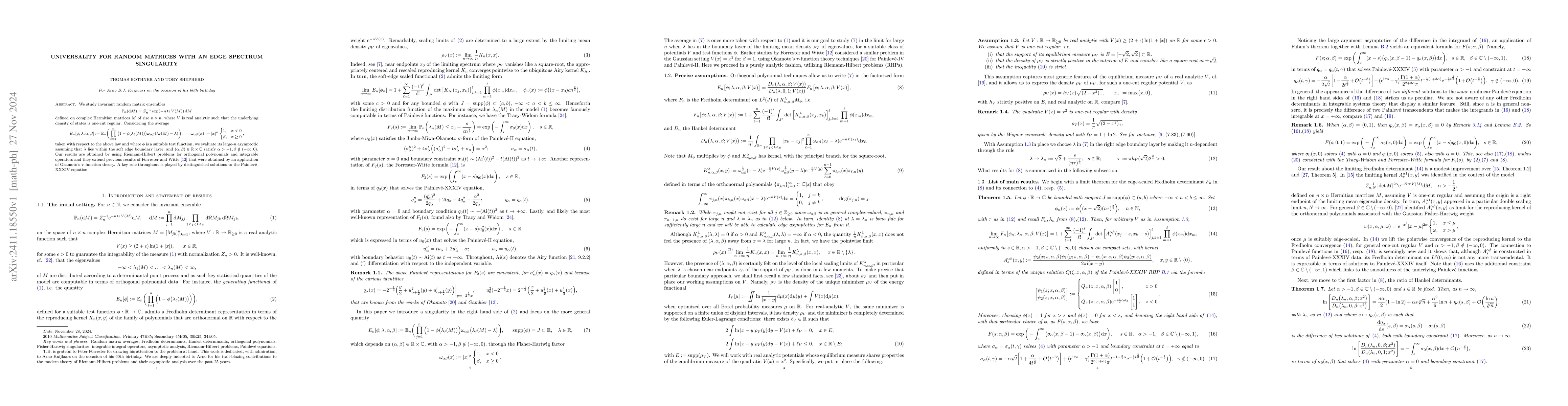 Thumbnail for Universality for random matrices with an edge spectrum singularity