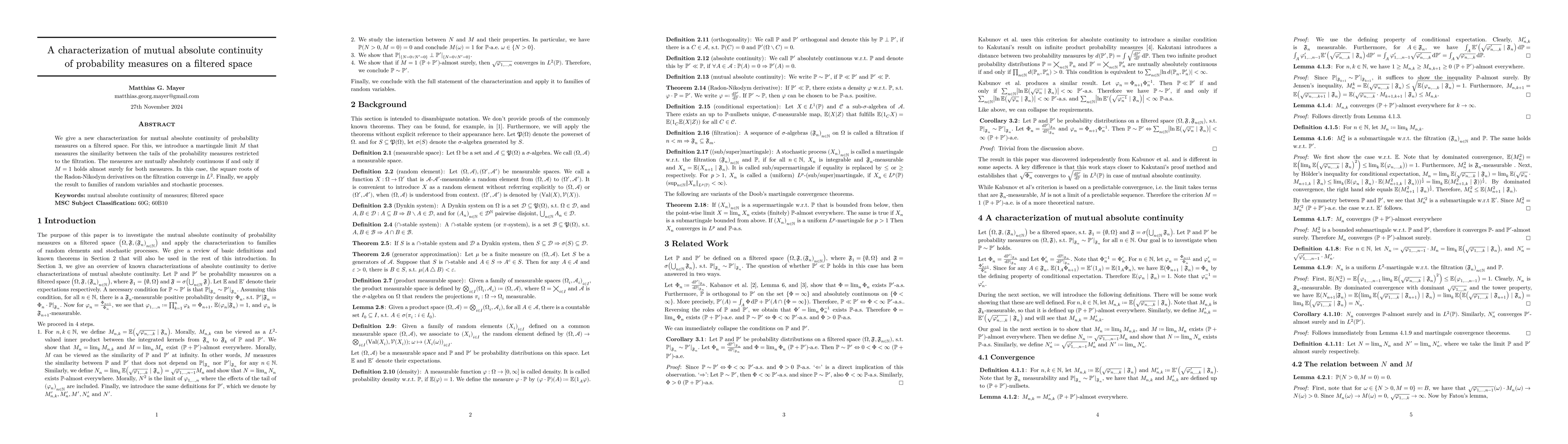 Thumbnail for A characterization of mutual absolute continuity of probability measures
  on a filtered space